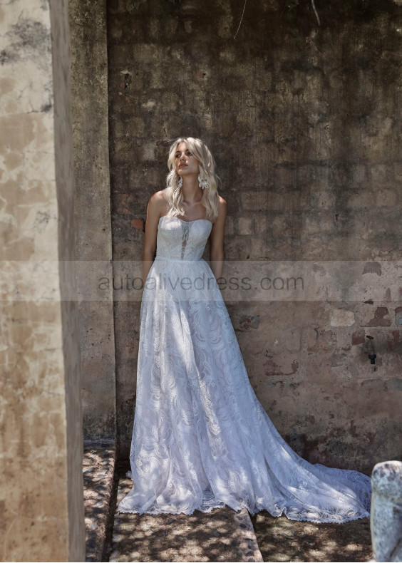 Strapless Ivory Lace Open Back Dreamy Wedding Dress Strapless Ivory Lace Open Back Dreamy Wedding Dress